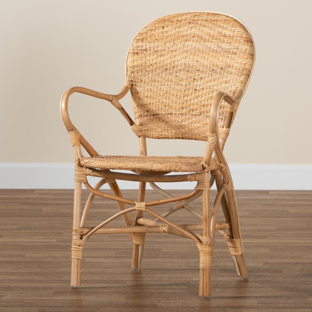bali & pari Genna Modern Bohemian Natural Brown Finished Rattan Dining Chair. Picture 19
