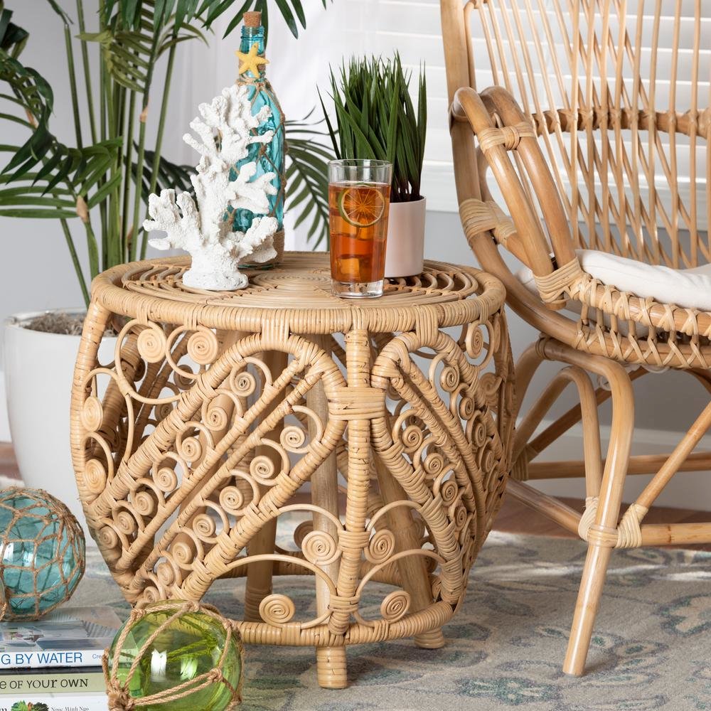bali & pari Saranna Modern Bohemian Natural Brown Finished Rattan End Table. Picture 2