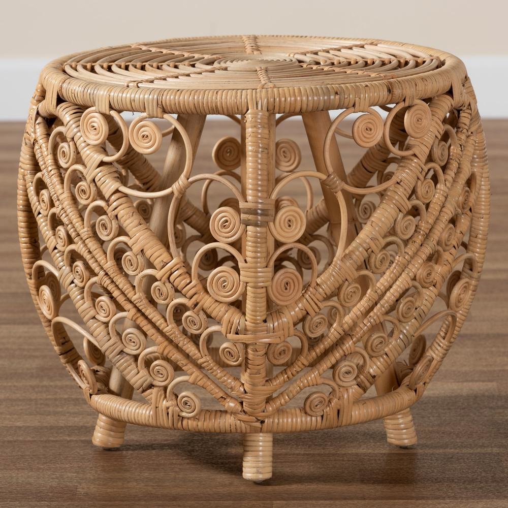 bali & pari Saranna Modern Bohemian Natural Brown Finished Rattan End Table. Picture 6