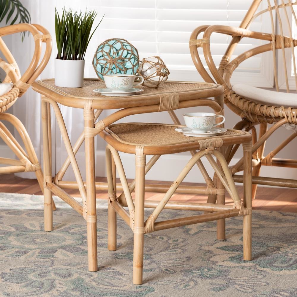 Bohemian Natural Brown Finished Rattan 2-Piece End Table Set. Picture 14