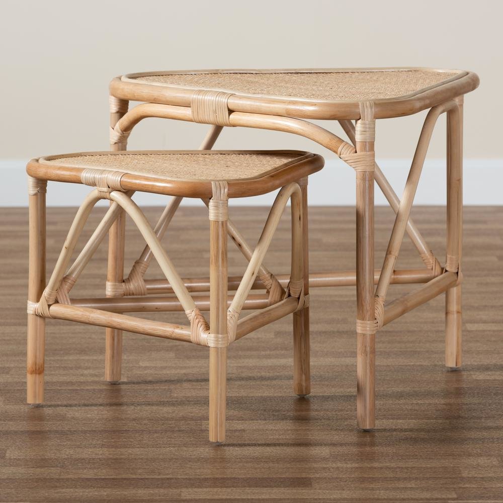 Bohemian Natural Brown Finished Rattan 2-Piece End Table Set. Picture 15
