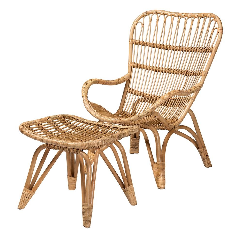 Earvin Modern Bohemian Natural Brown Rattan 2-Piece Armchair and Footstool Set. Picture 11