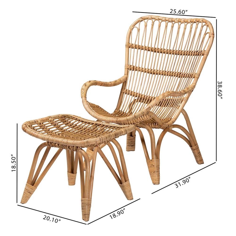 Earvin Modern Bohemian Natural Brown Rattan 2-Piece Armchair and Footstool Set. Picture 20