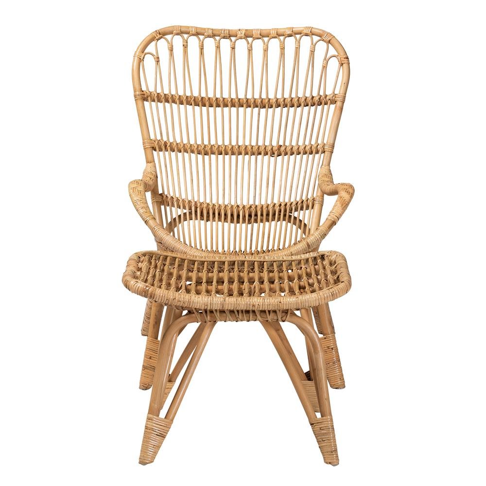 Earvin Modern Bohemian Natural Brown Rattan 2-Piece Armchair and Footstool Set. Picture 12