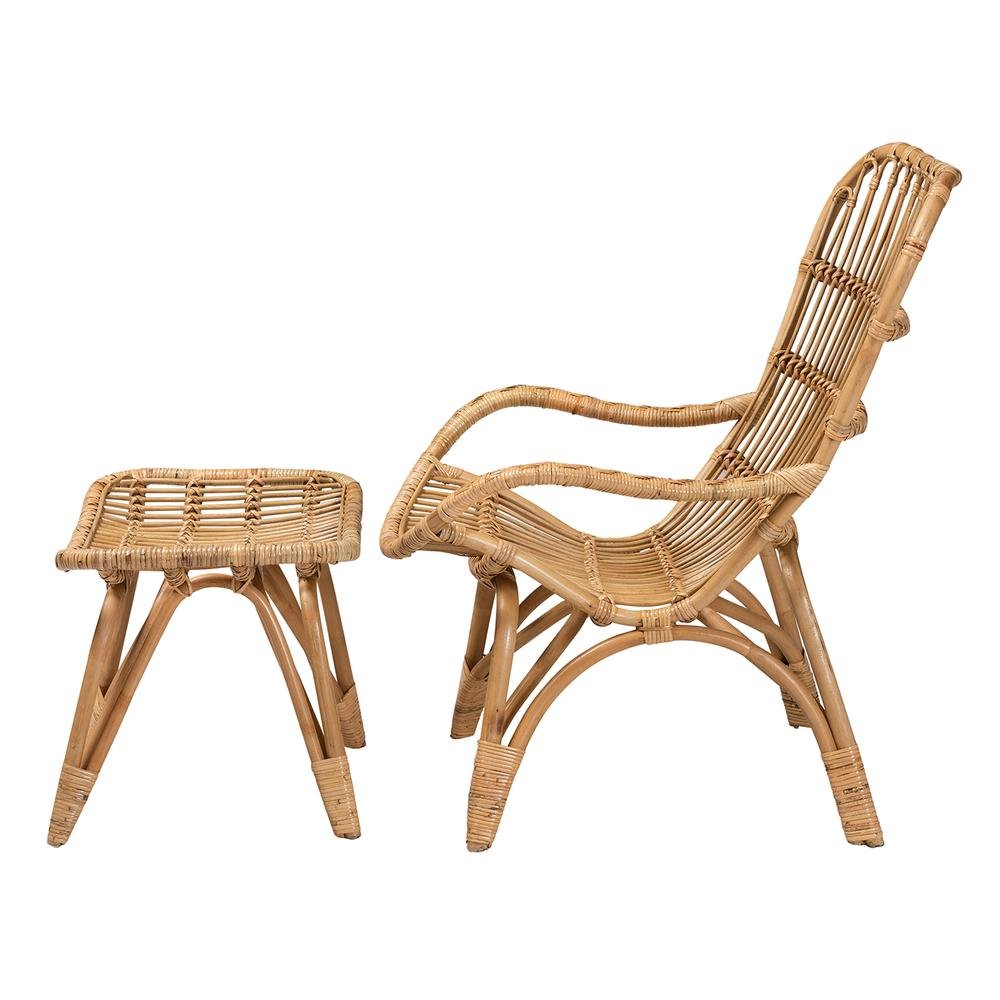 Earvin Modern Bohemian Natural Brown Rattan 2-Piece Armchair and Footstool Set. Picture 13