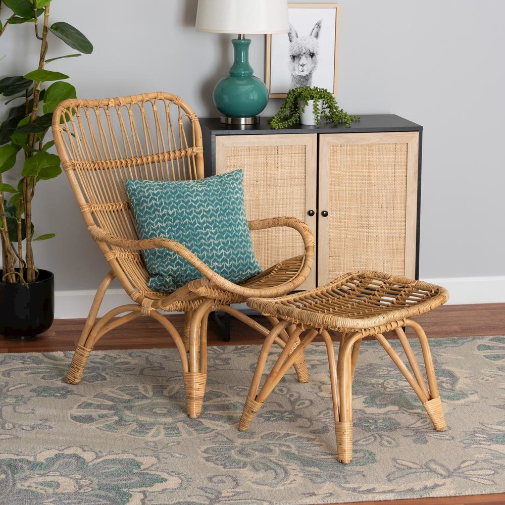 Earvin Modern Bohemian Natural Brown Rattan 2-Piece Armchair and Footstool Set. Picture 18