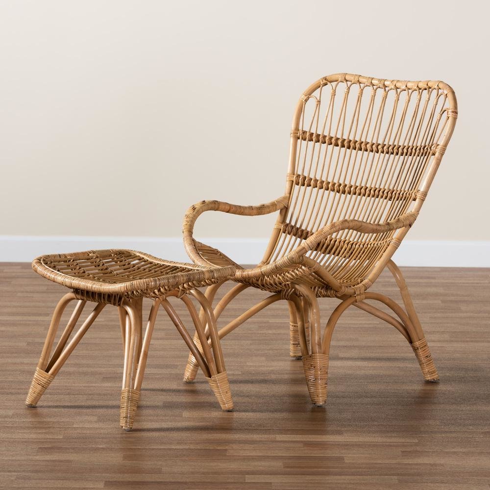 Earvin Modern Bohemian Natural Brown Rattan 2-Piece Armchair and Footstool Set. Picture 19