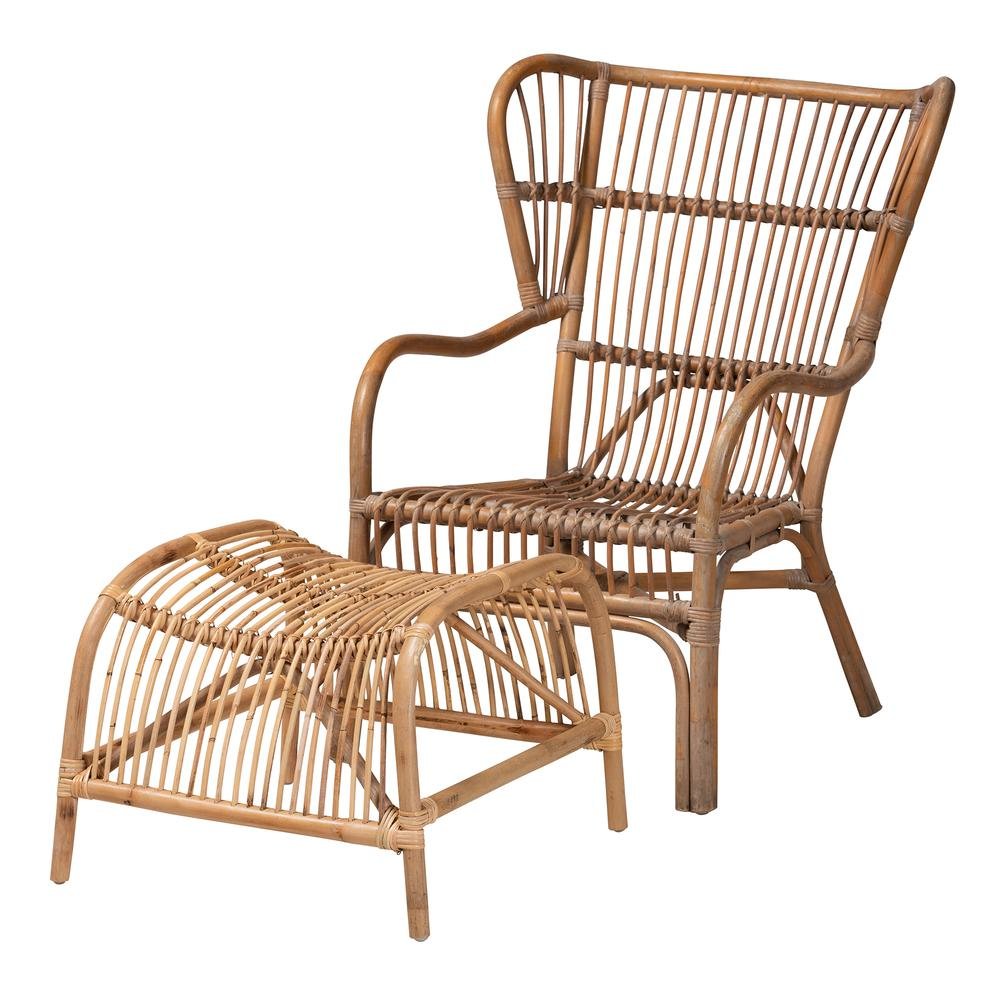 Bohmenian Natural Brown Antique Rattan 2-Piece Chair and Footstool Set. Picture 10