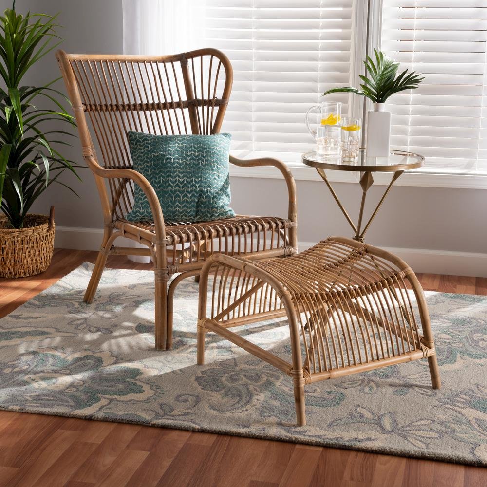 Bohmenian Natural Brown Antique Rattan 2-Piece Chair and Footstool Set. Picture 16
