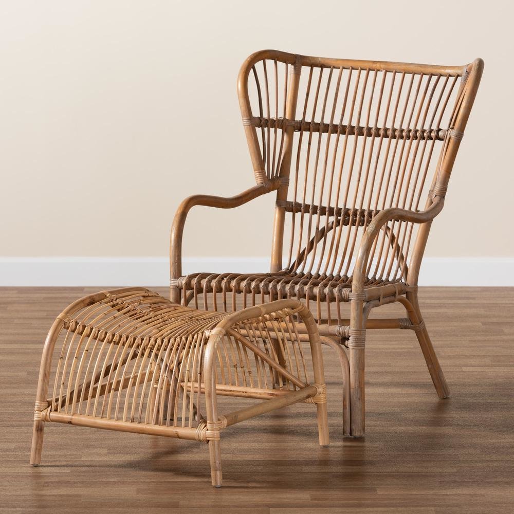 Bohmenian Natural Brown Antique Rattan 2-Piece Chair and Footstool Set. Picture 17