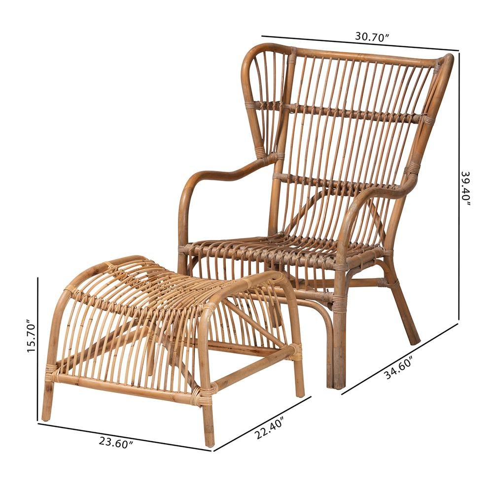 Bohmenian Natural Brown Antique Rattan 2-Piece Chair and Footstool Set. Picture 18