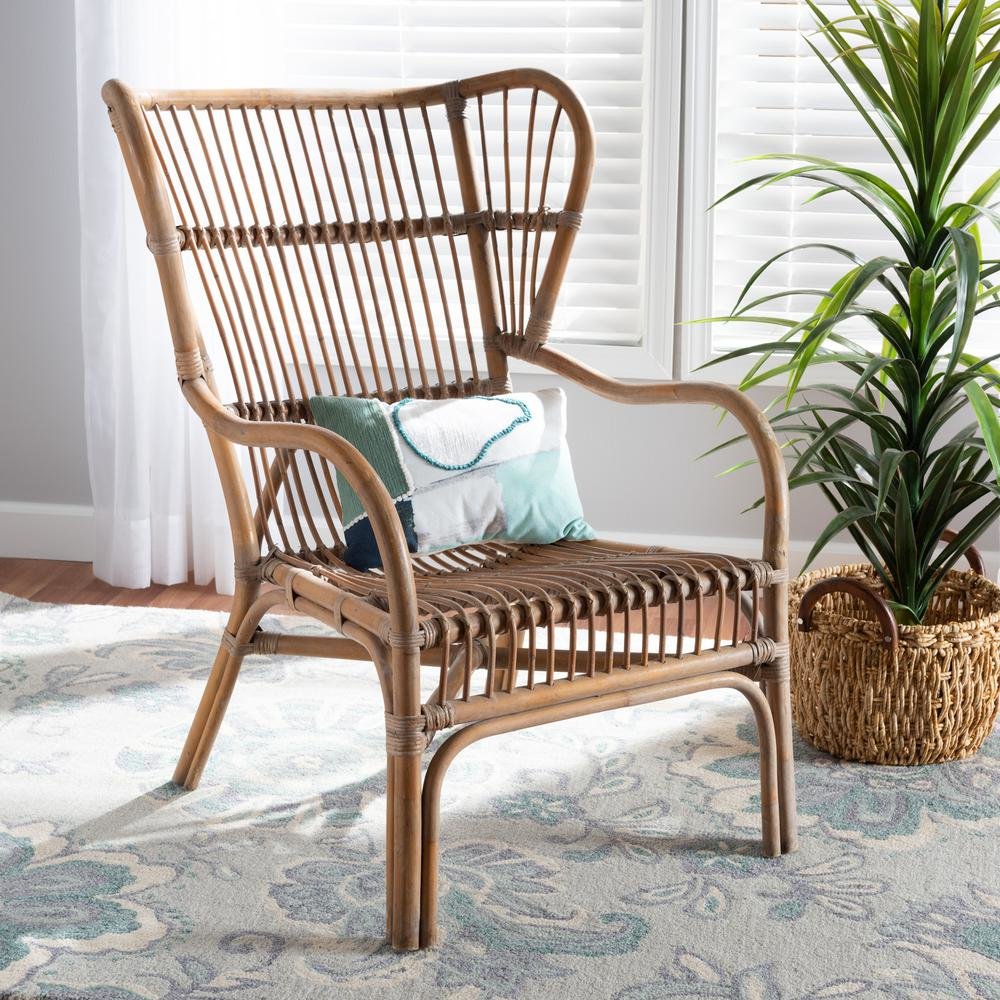 bali & pari Lamaria Modern Bohmenian Natural Brown Antique Rattan Armchair. Picture 18