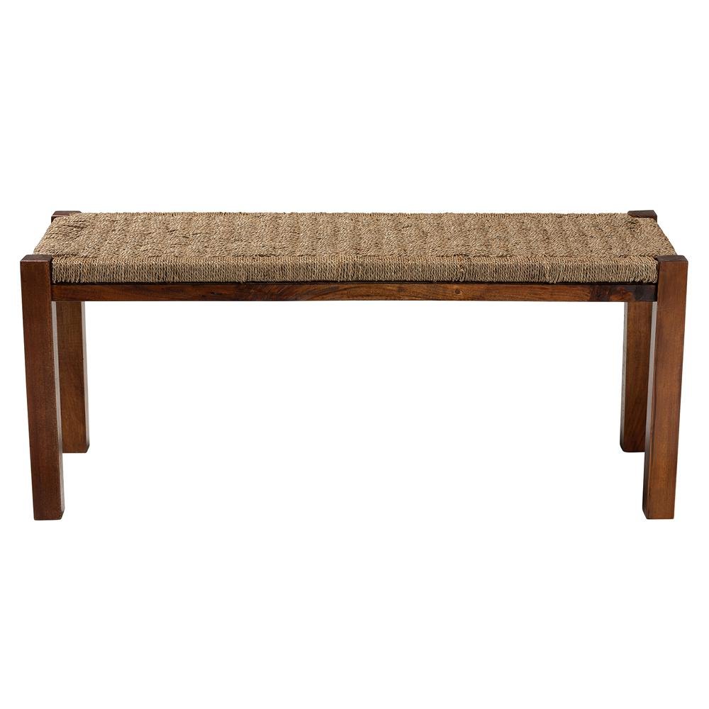 Transitional Natural Seagrass and Mahogany Wood Bench. Picture 10