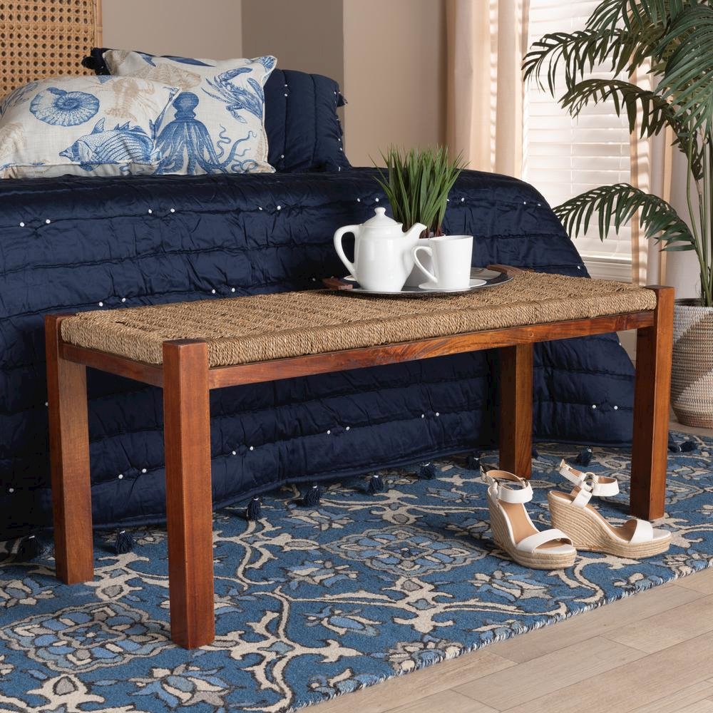 Transitional Natural Seagrass and Mahogany Wood Bench. Picture 14