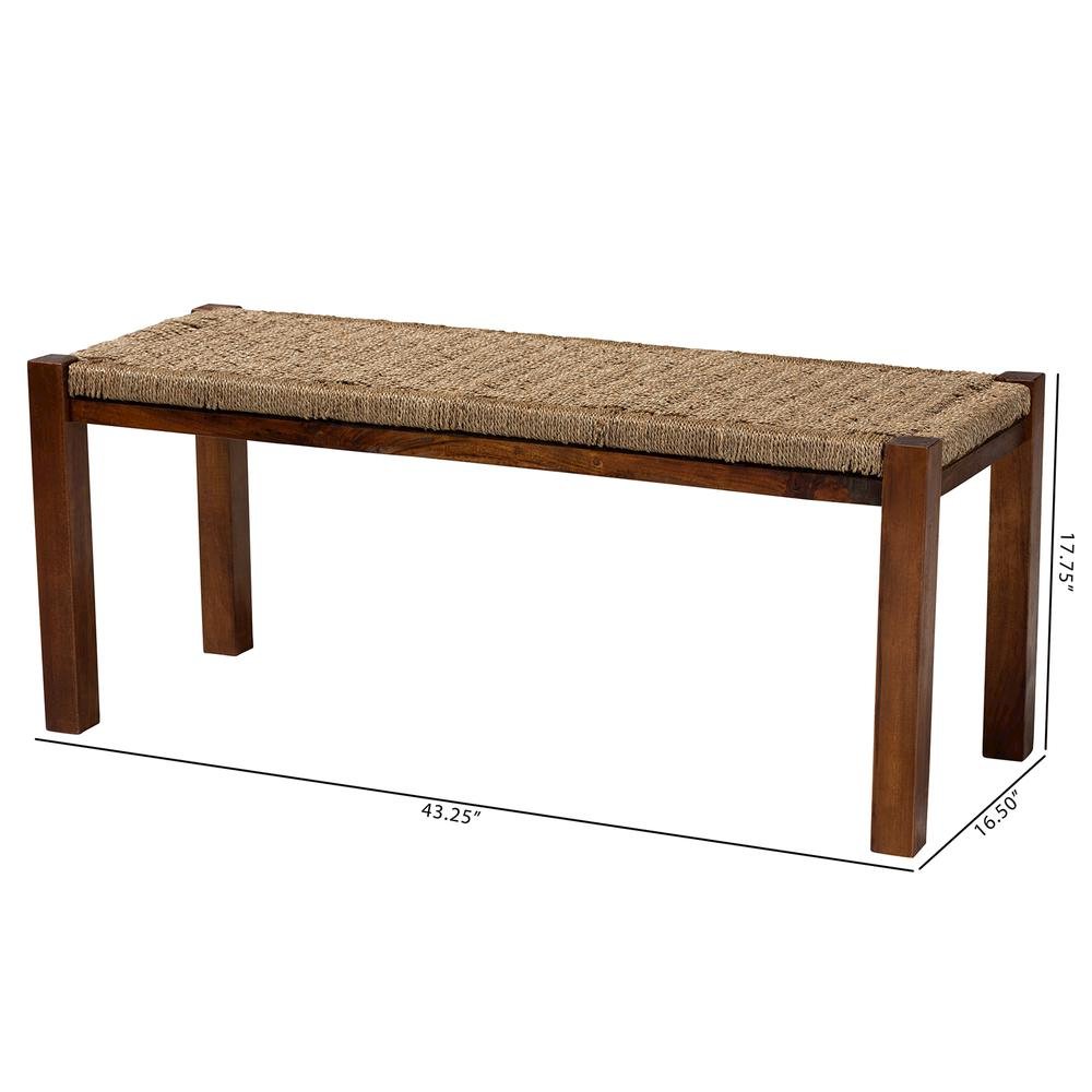 Transitional Natural Seagrass and Mahogany Wood Bench. Picture 16