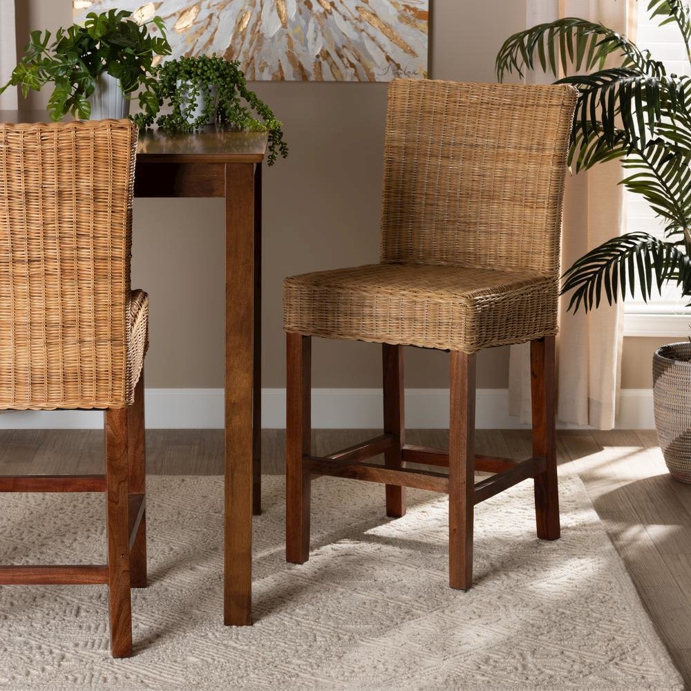 Bohemian Natural Rattan and Mahogany Wood Counter Stool. Picture 18