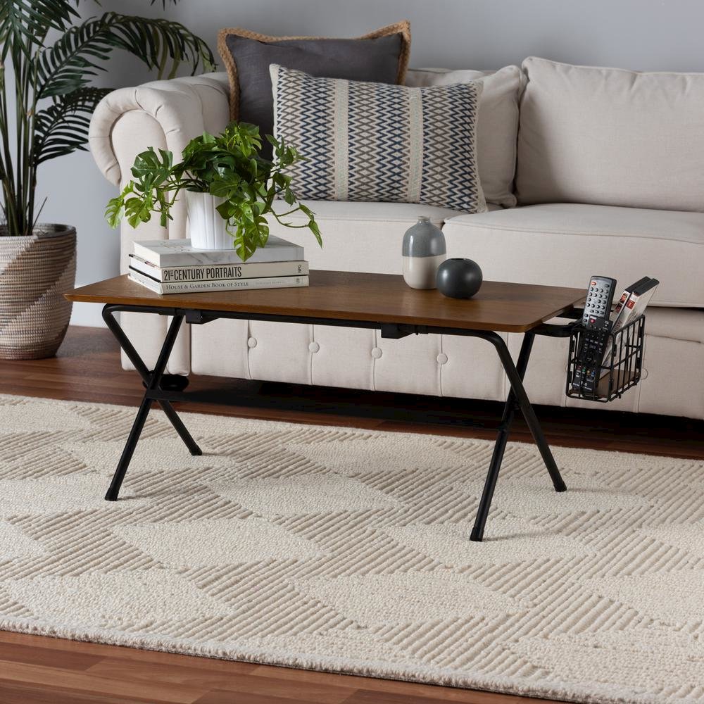 Mariela Natural Brown and Black Low Profile Coffee Table with Basket. Picture 7