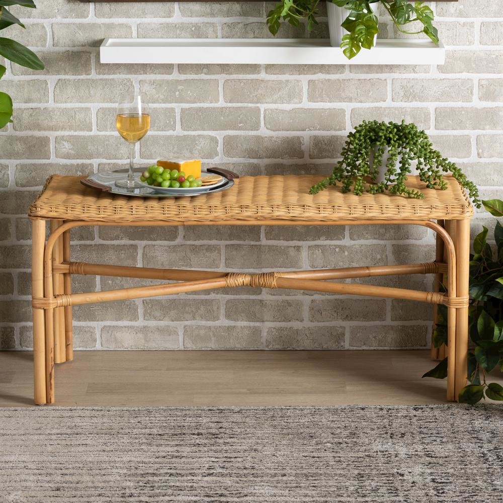 bali & pari Cacaban Modern Bohemian Natural Brown Rattan Accent Bench. Picture 14