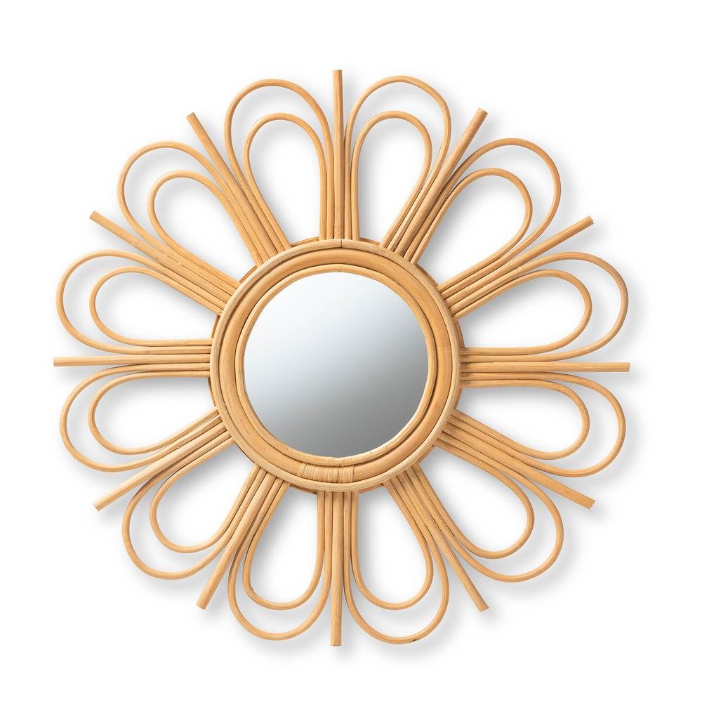 bali & pari Sakura Modern Bohemian Natural Brown Rattan Accent Wall Mirror. Picture 5