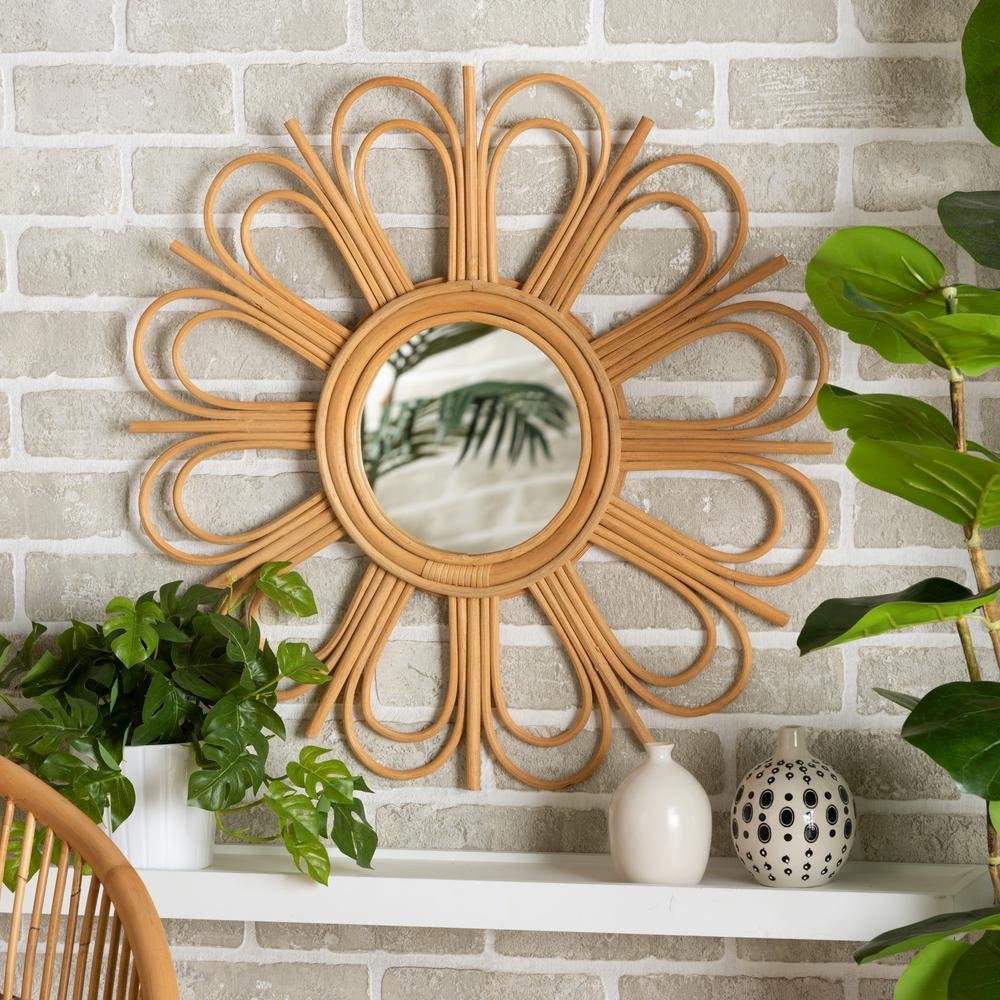 bali & pari Sakura Modern Bohemian Natural Brown Rattan Accent Wall Mirror. Picture 7