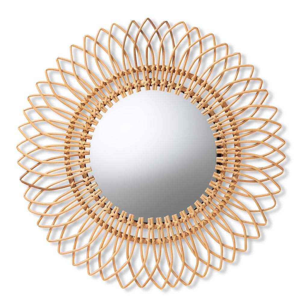 bali & pari Bora Modern Bohemian Natural Brown Rattan Accent Wall Mirror. Picture 5