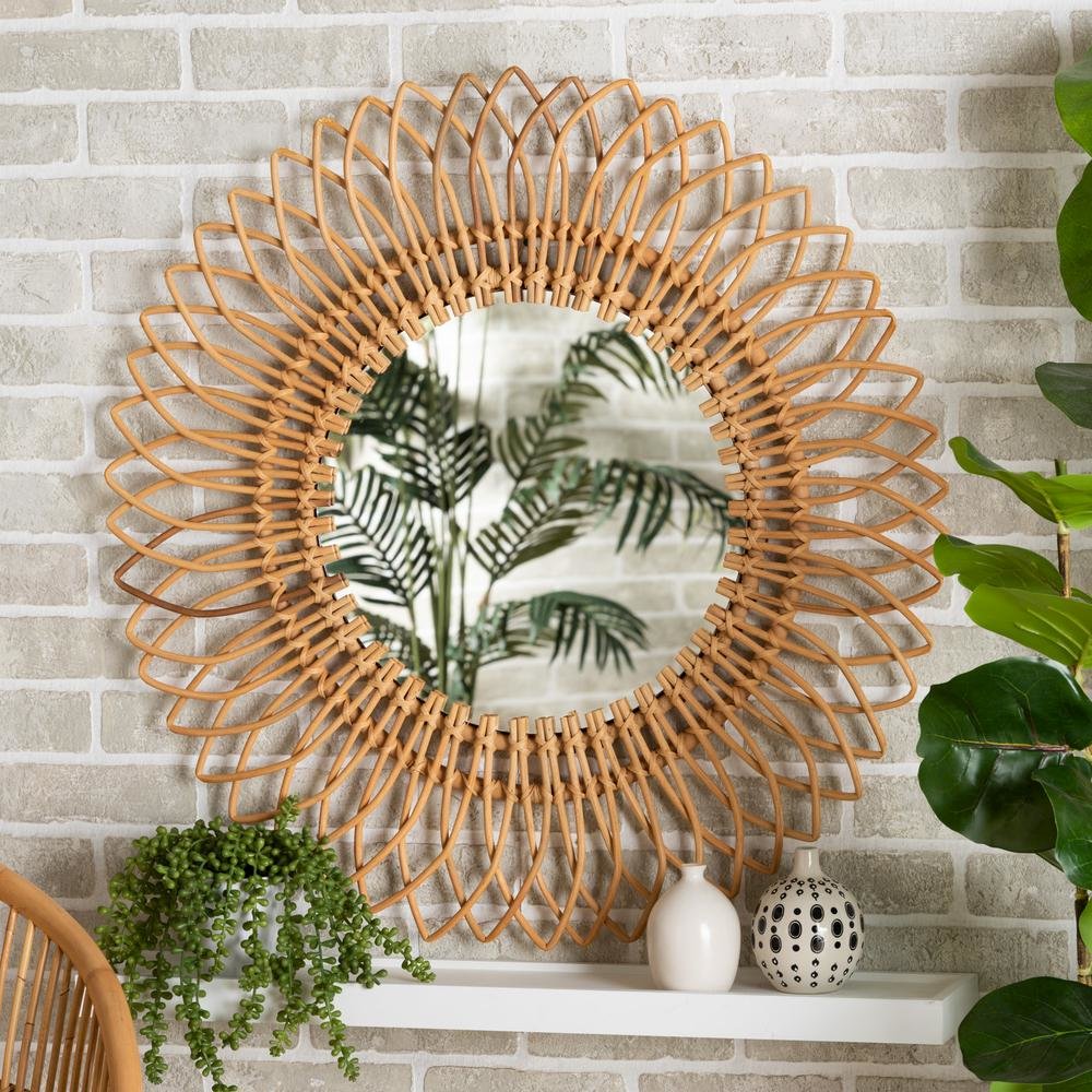 bali & pari Bora Modern Bohemian Natural Brown Rattan Accent Wall Mirror. Picture 7
