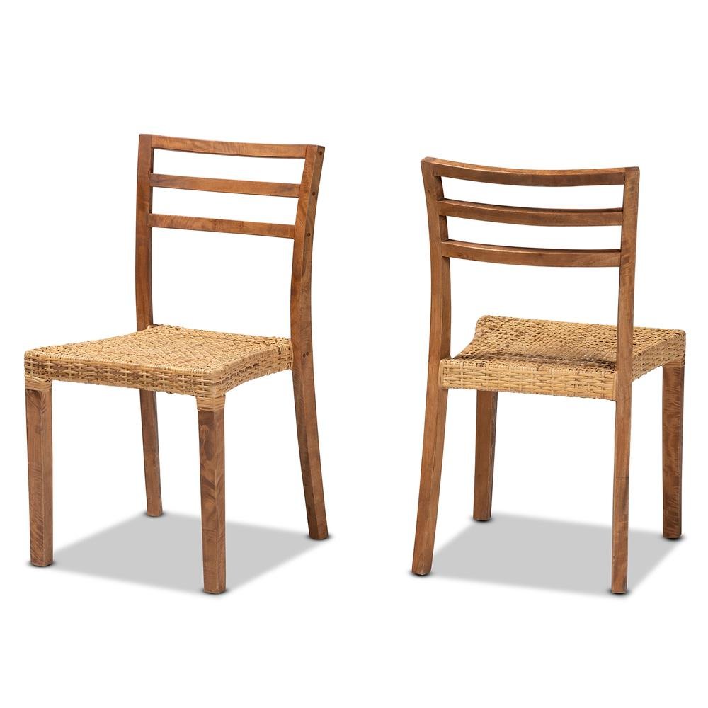 Walnut Brown Mahogany Wood and Natural Rattan 2-Piece Dining Chair Set. Picture 10