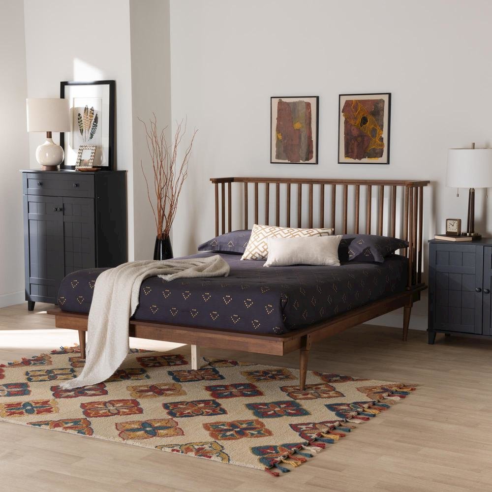 Flint Mid-Century Modern Ash Walnut Finished Wood Queen Size Platform Bed. Picture 17