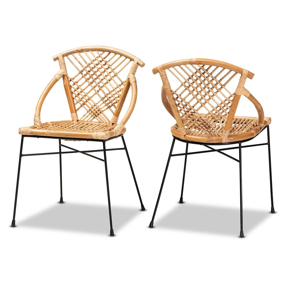 Bohemian Natural Brown Rattan and Black Metal 2-Piece Dining Chair Set. Picture 10
