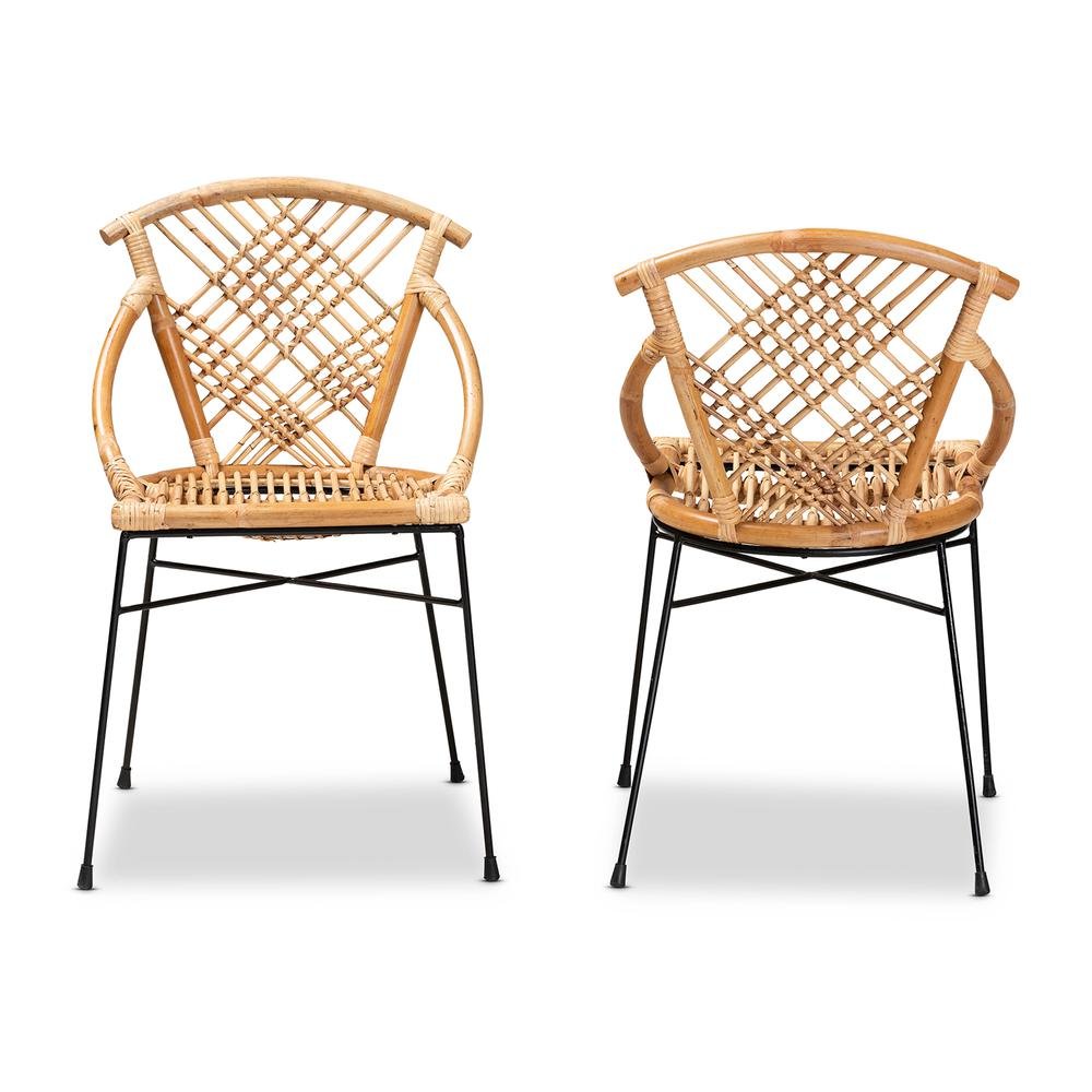 Bohemian Natural Brown Rattan and Black Metal 2-Piece Dining Chair Set. Picture 11