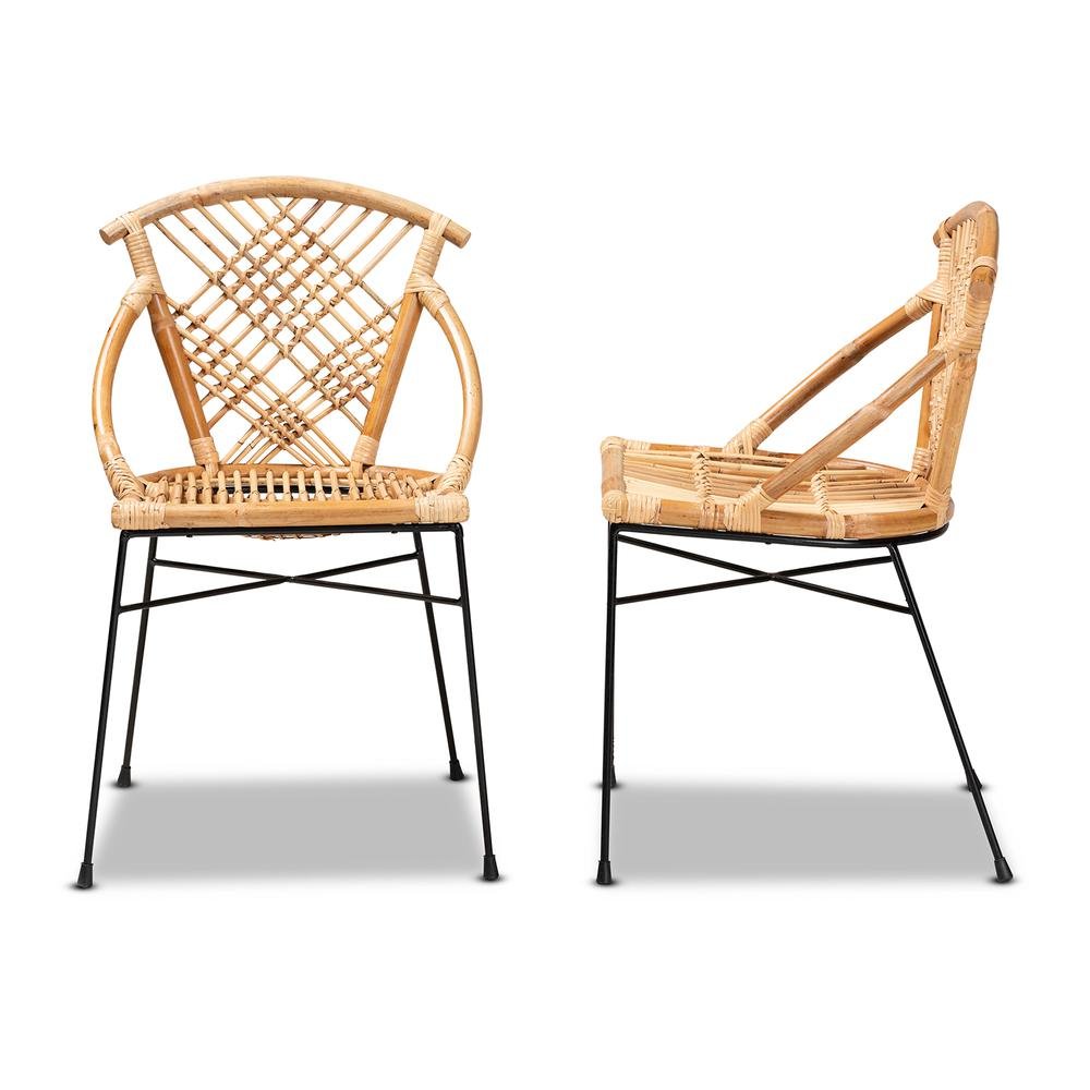 Bohemian Natural Brown Rattan and Black Metal 2-Piece Dining Chair Set. Picture 12