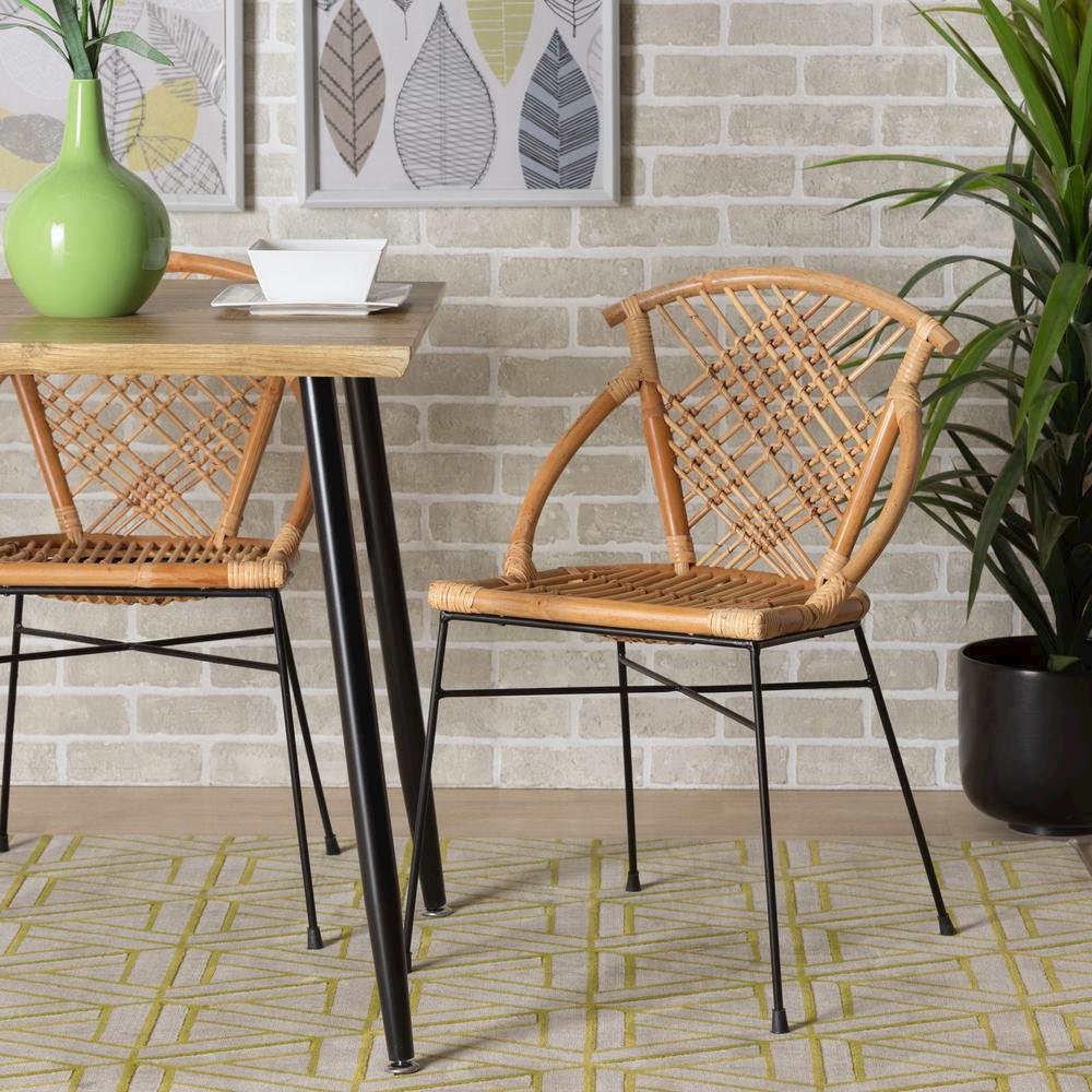 Bohemian Natural Brown Rattan and Black Metal 2-Piece Dining Chair Set. Picture 16