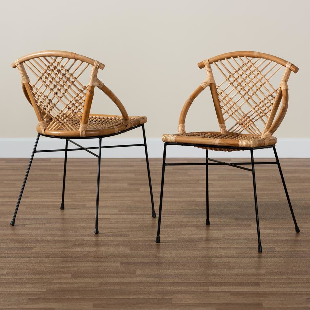 Bohemian Natural Brown Rattan and Black Metal 2-Piece Dining Chair Set. Picture 17