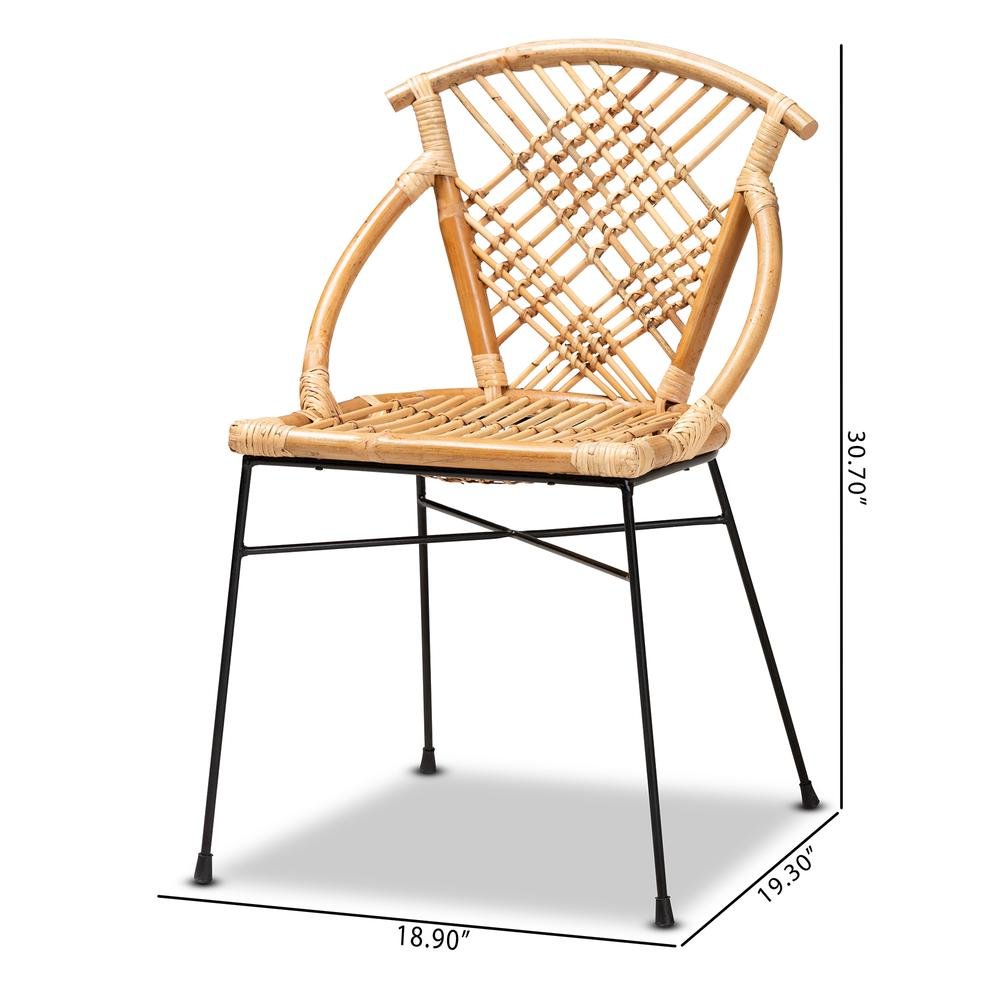 Bohemian Natural Brown Rattan and Black Metal 2-Piece Dining Chair Set. Picture 18