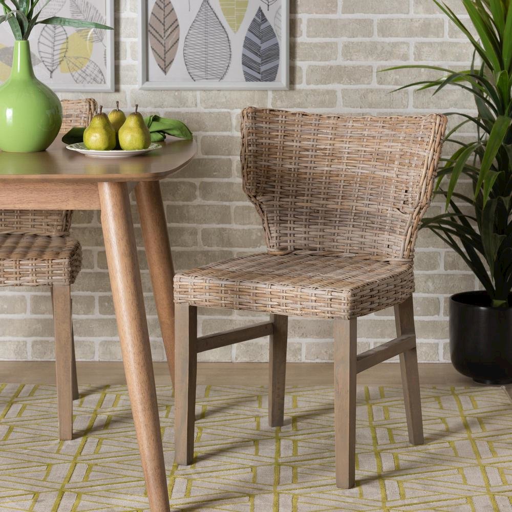 bali & pari Enver Modern Bohemian Grey Rattan and Brown Wood Dining Chair. Picture 18