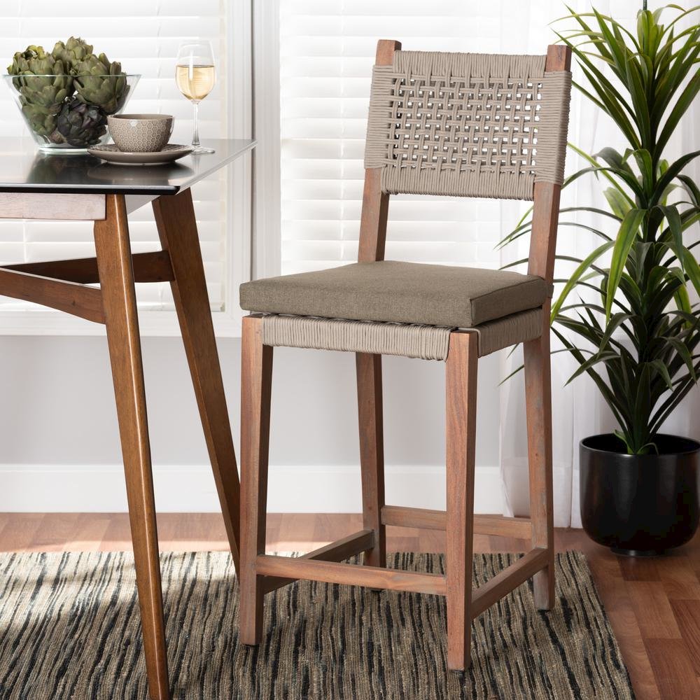 Mid-Century Transitional Grey Woven Rope Mahogany Counter Stool. Picture 18
