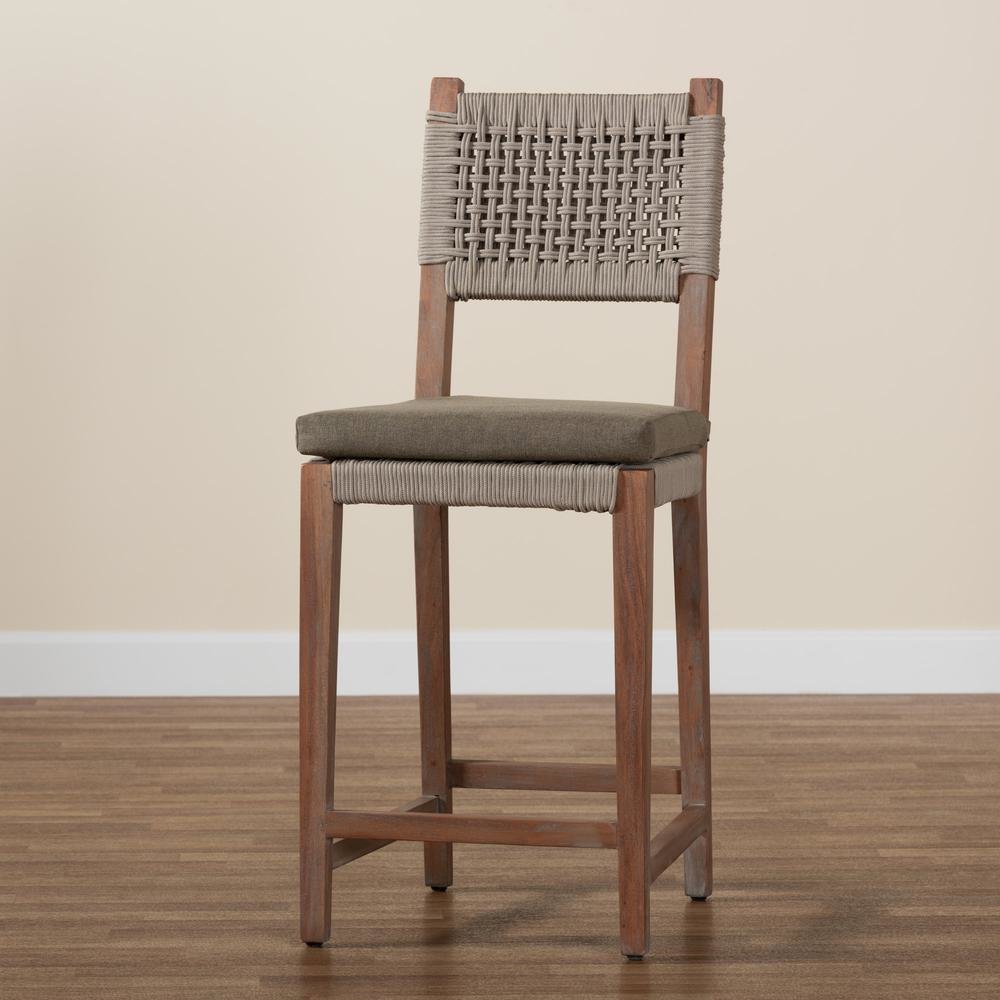 Mid-Century Transitional Grey Woven Rope Mahogany Counter Stool. Picture 19