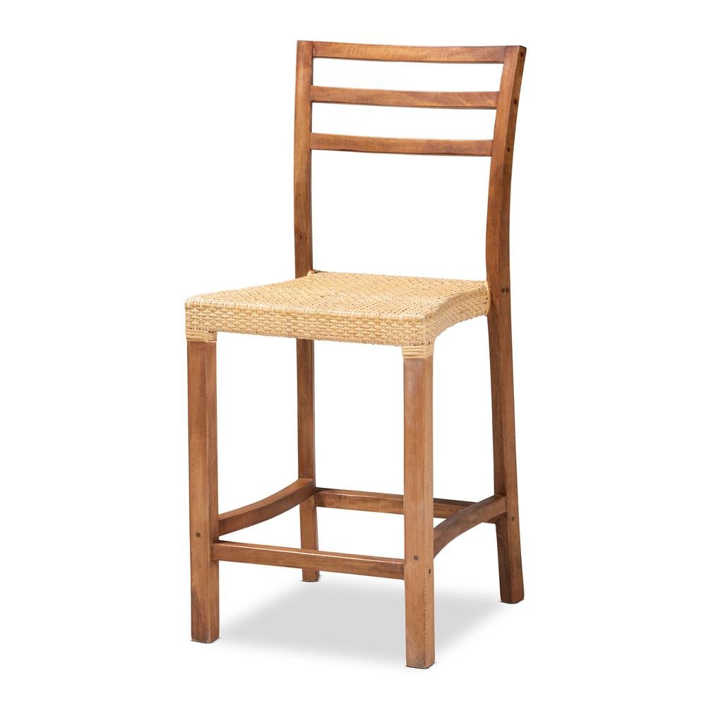 Walnut Brown Mahogany Wood and Natural Rattan Counter Stool. Picture 11