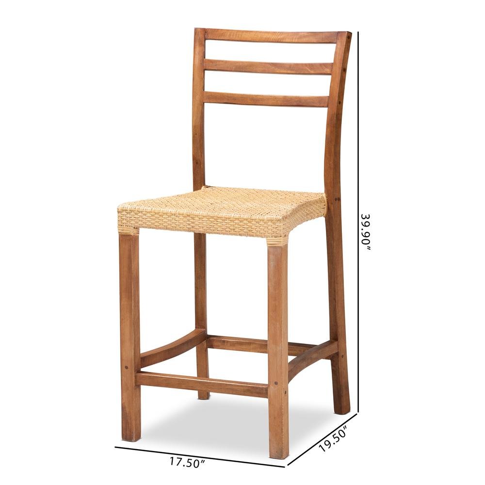 Walnut Brown Mahogany Wood and Natural Rattan Counter Stool. Picture 20