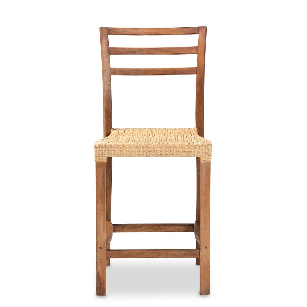 Walnut Brown Mahogany Wood and Natural Rattan Counter Stool. Picture 12