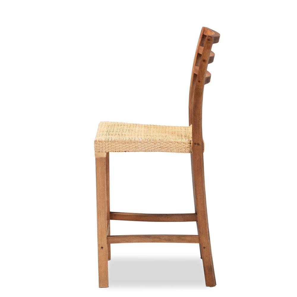 Walnut Brown Mahogany Wood and Natural Rattan Counter Stool. Picture 13