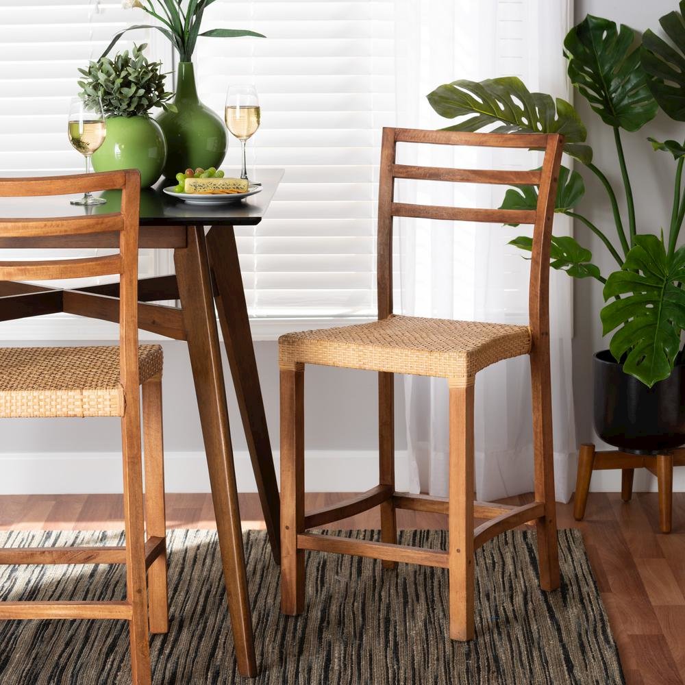 Walnut Brown Mahogany Wood and Natural Rattan Counter Stool. Picture 18