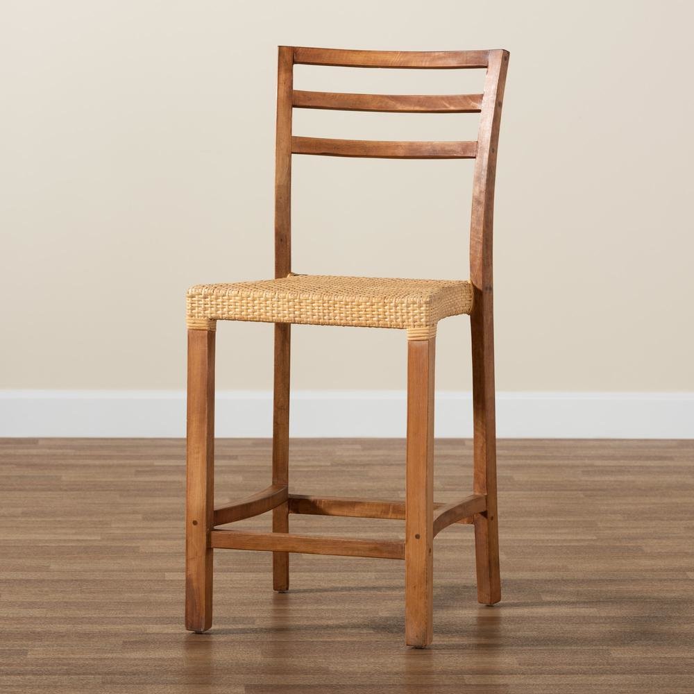 Walnut Brown Mahogany Wood and Natural Rattan Counter Stool. Picture 19