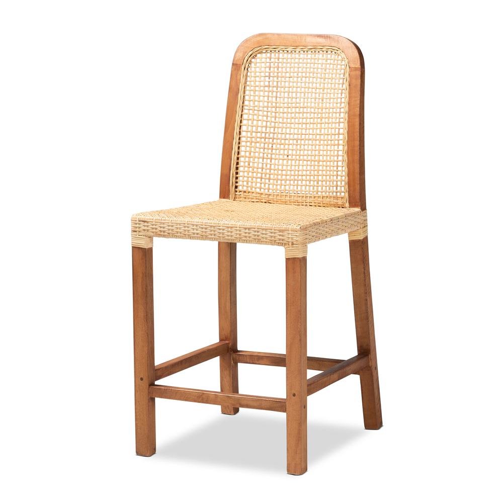Walnut Brown Mahogany Wood and Natural Rattan Counter Stool. Picture 11