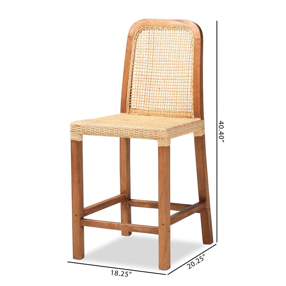 Walnut Brown Mahogany Wood and Natural Rattan Counter Stool. Picture 20