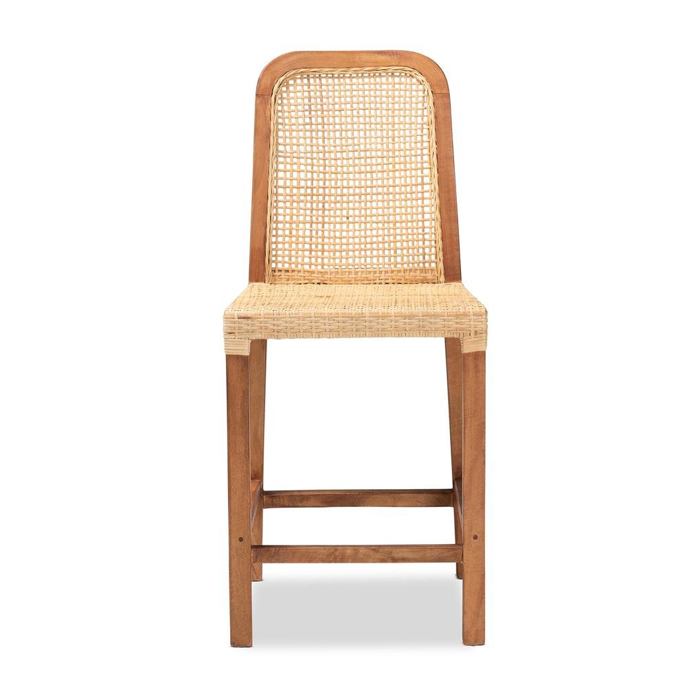 Walnut Brown Mahogany Wood and Natural Rattan Counter Stool. Picture 12