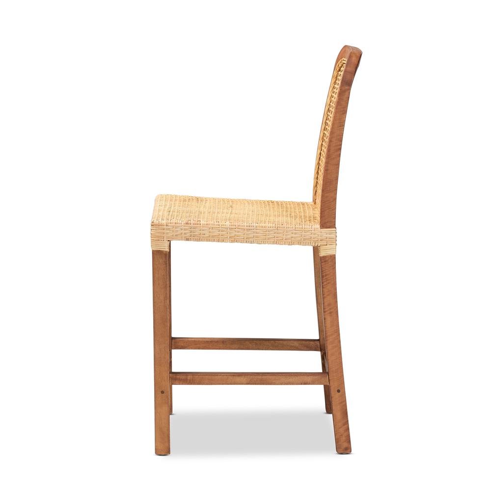 Walnut Brown Mahogany Wood and Natural Rattan Counter Stool. Picture 13