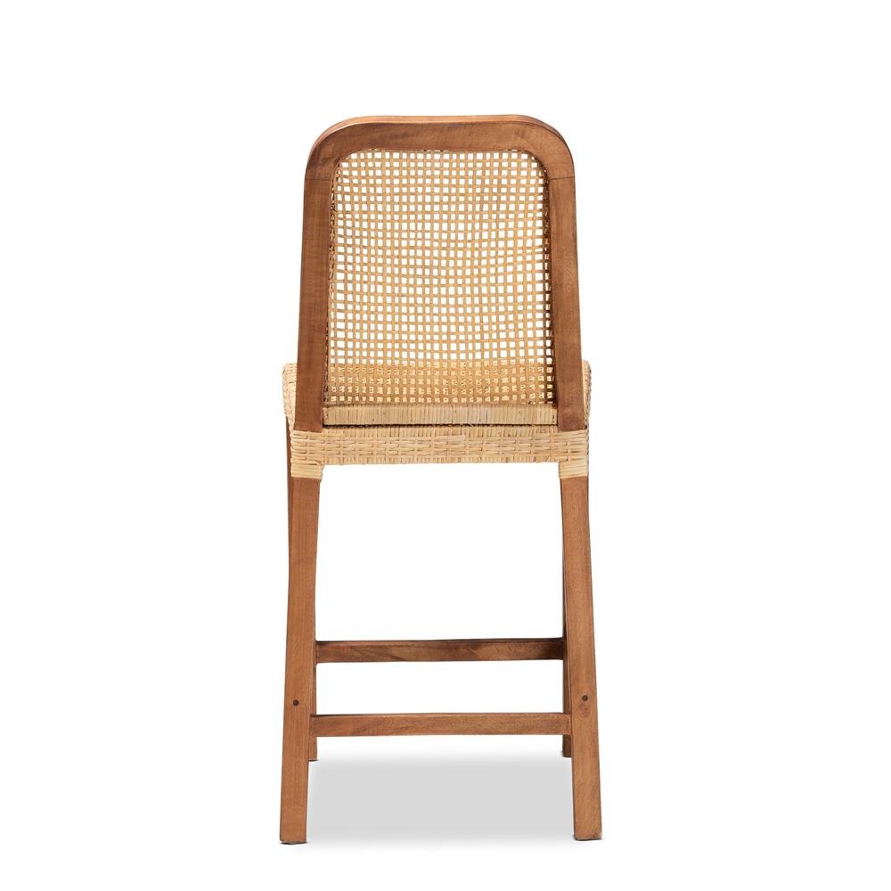 Walnut Brown Mahogany Wood and Natural Rattan Counter Stool. Picture 14