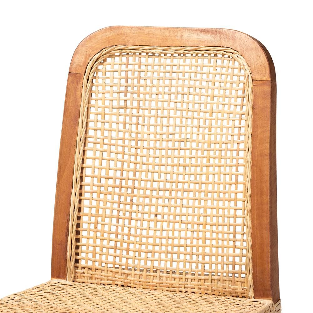 Walnut Brown Mahogany Wood and Natural Rattan Counter Stool. Picture 15