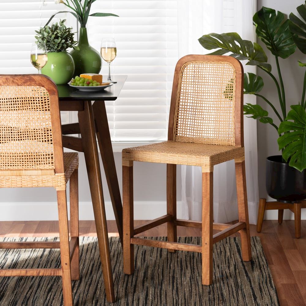 Walnut Brown Mahogany Wood and Natural Rattan Counter Stool. Picture 18